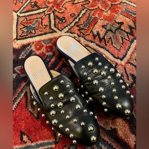 Ovyè Black Leather Gold and Silver Studded Mules— Womens 37 or 7